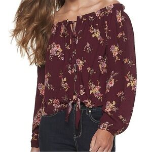 Rewind Women's Maroon Off The Shoulder Bohemian Floral Top Size Small NWOT